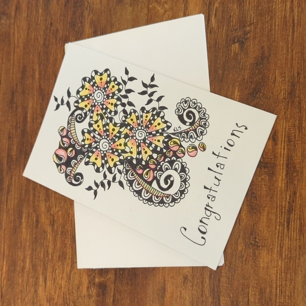 🌻 5/$20 Handmade Floral Zentangle Card-Orange,Yellow & Black- Congratulations